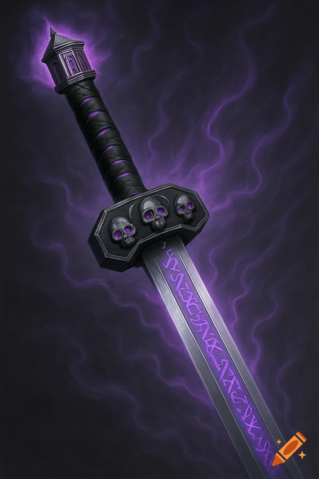 Dark fantasy sword with purple glowing runes and skull guard
