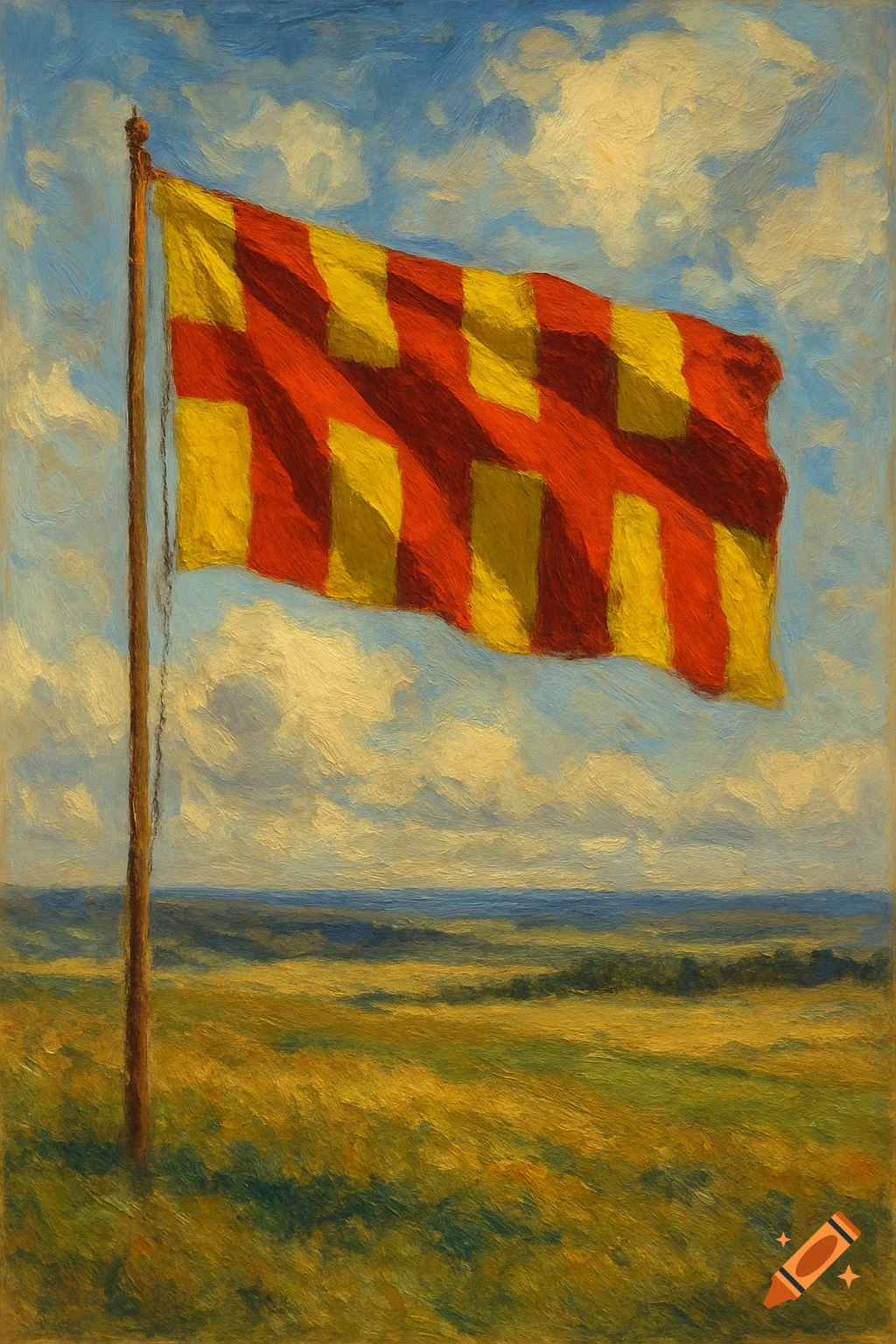 A red and yellow checkered flag flies on a pole in a landscape painting ...