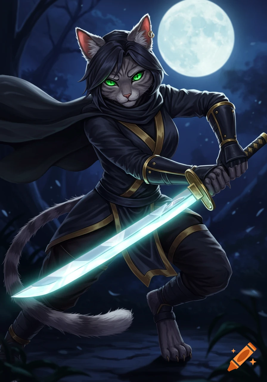 Anthro cat ninja holds a glowing sword under a full moon.