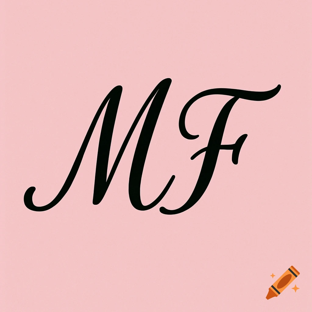Black cursive initials MF on a pink background.