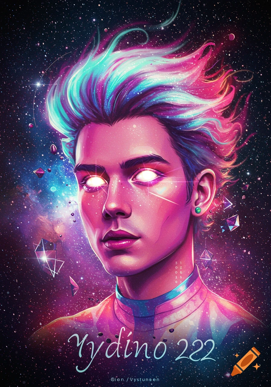 Stylized portrait of a person with glowing eyes and colorful hair in ...