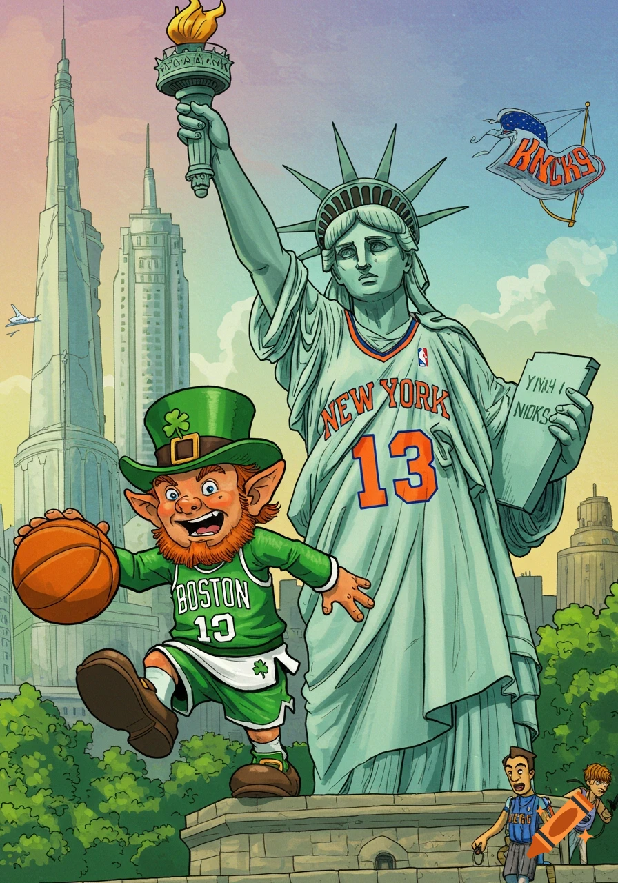 Cartoon leprechaun in Celtics jersey and Statue of Liberty in Knicks jersey in New York City skyline.
