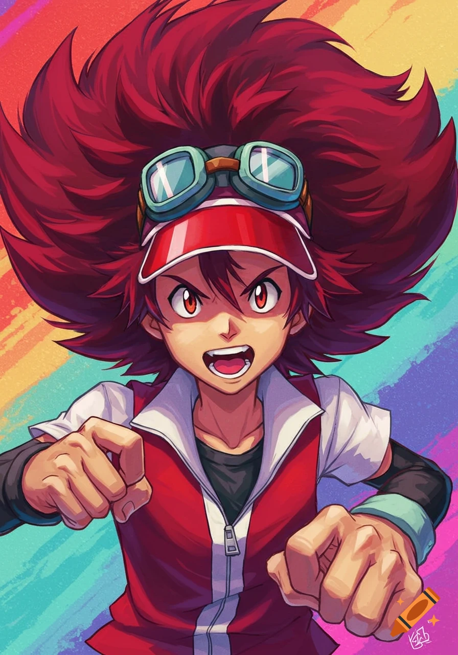 Anime character with red spiky hair, goggles, and red jacket on a rainbow background