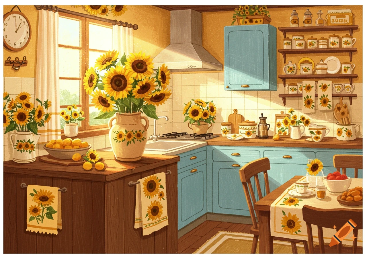 Illustration of a warm kitchen filled with sunflowers, with soft light streaming through the window.