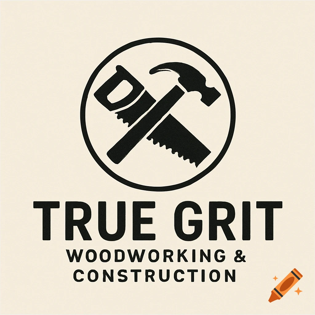 Logo with crossed saw and hammer in a circle above the text 'TRUE GRIT WOODWORKING & CONSTRUCTION'.