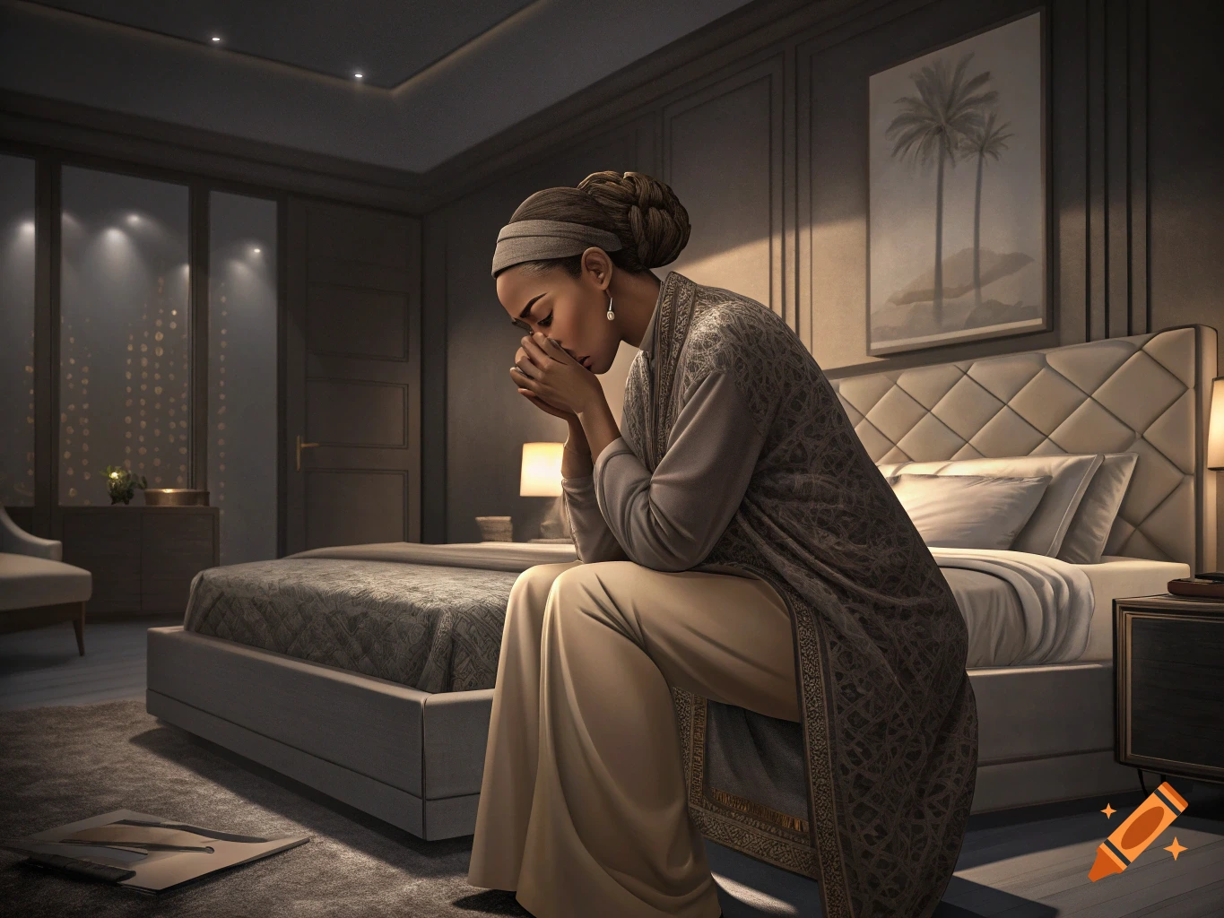 Woman sitting on bed, hands covering face, in a luxurious bedroom.