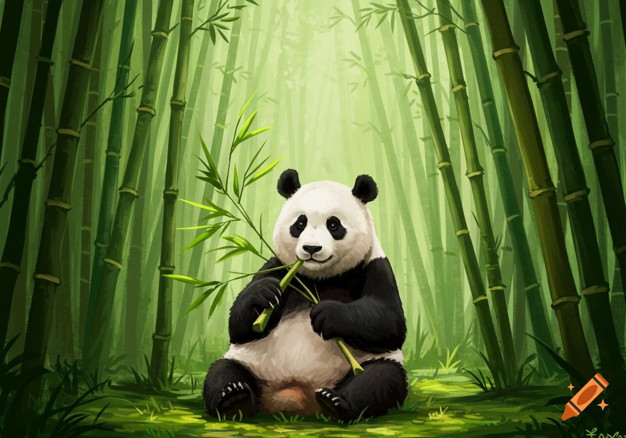 An illustration of a panda sitting and eating bamboo in a lush green bamboo forest.