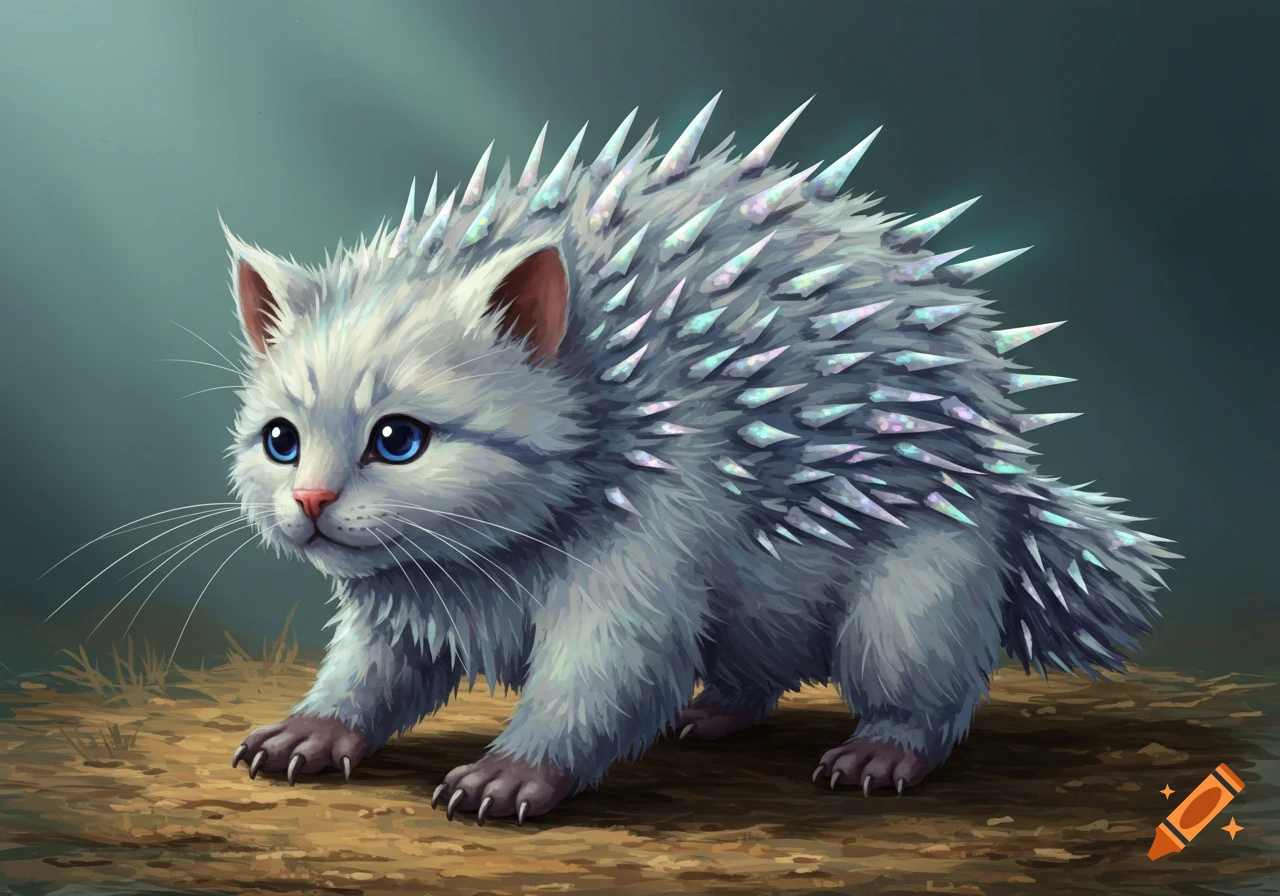 A cute cat-like creature with fuzzy white fur and sparkling crystal spikes on its back stands on the ground.