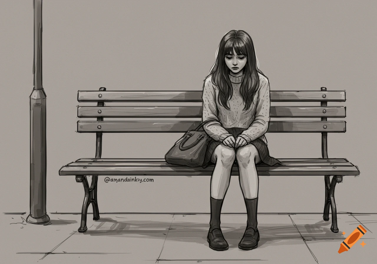 Sketch of a sad woman sitting on a bench