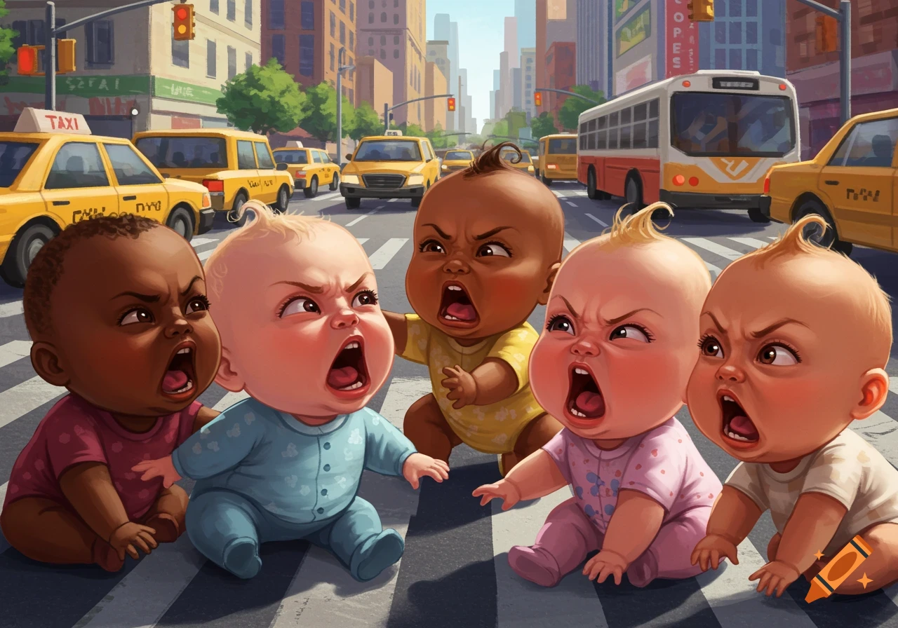 Cartoon babies yelling in a city street with taxi cabs and traffic.