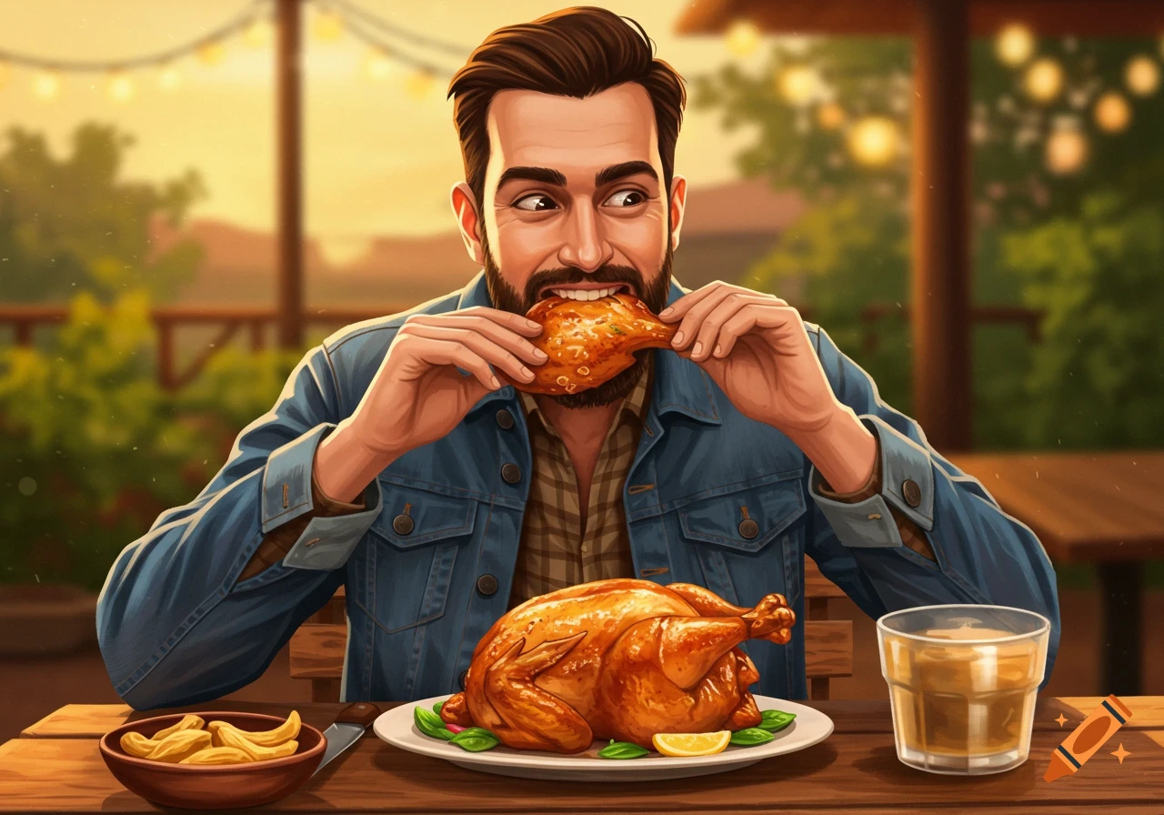 A man in a denim jacket eagerly eats a chicken leg from a whole roast chicken on a plate.
