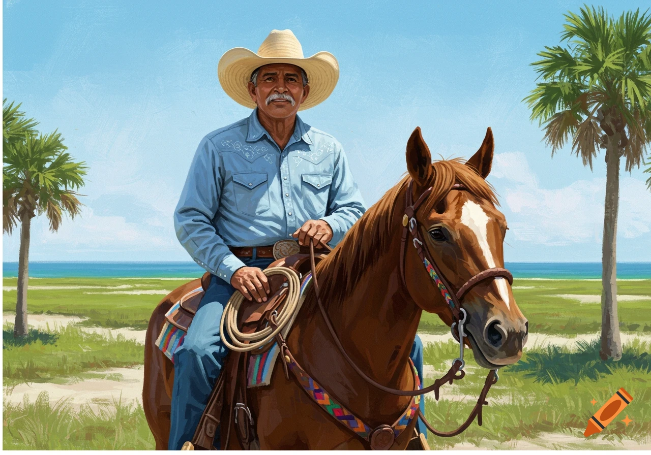 Illustration of a cowboy on a horse on a coast with palm trees