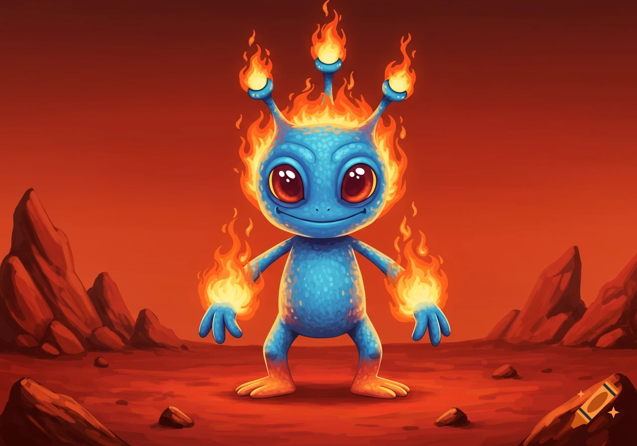 A cartoon blue alien covered in fire stands on a red, rocky alien landscape.
