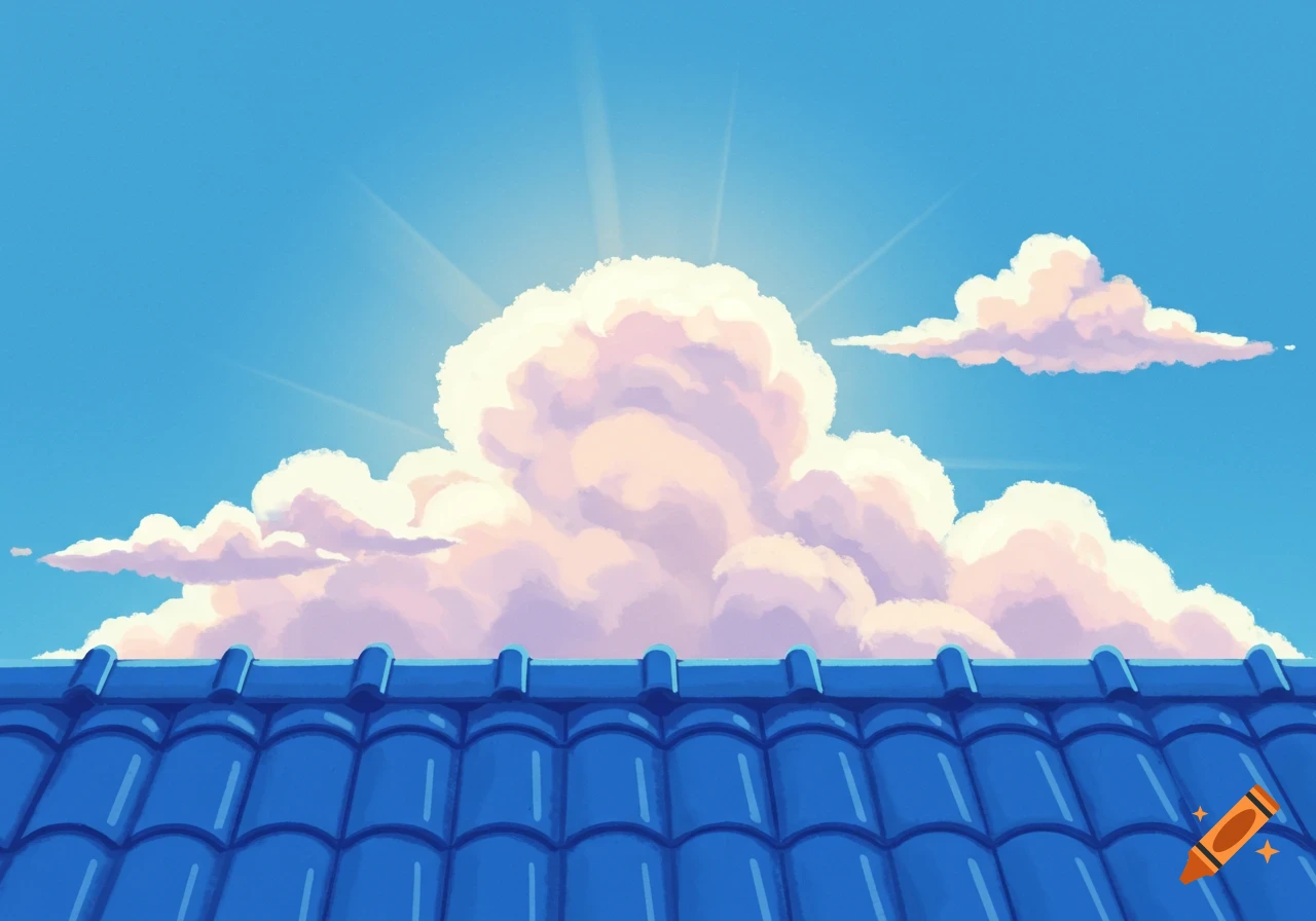 Blue tiled roof below large fluffy clouds and sunrays in a clear blue sky, anime illustration style.