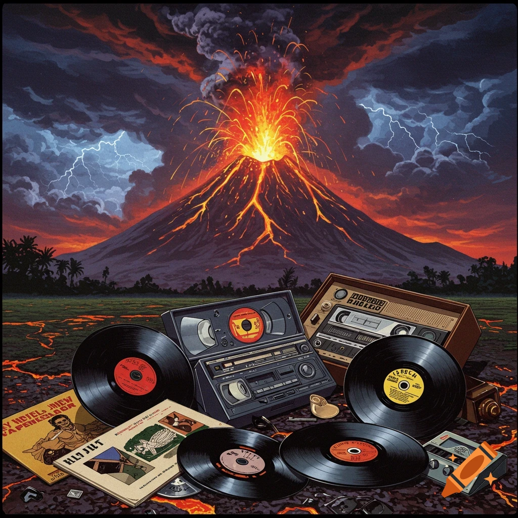 An erupting volcano with lava flows under a stormy sky with lightning, behind vintage records and music players.