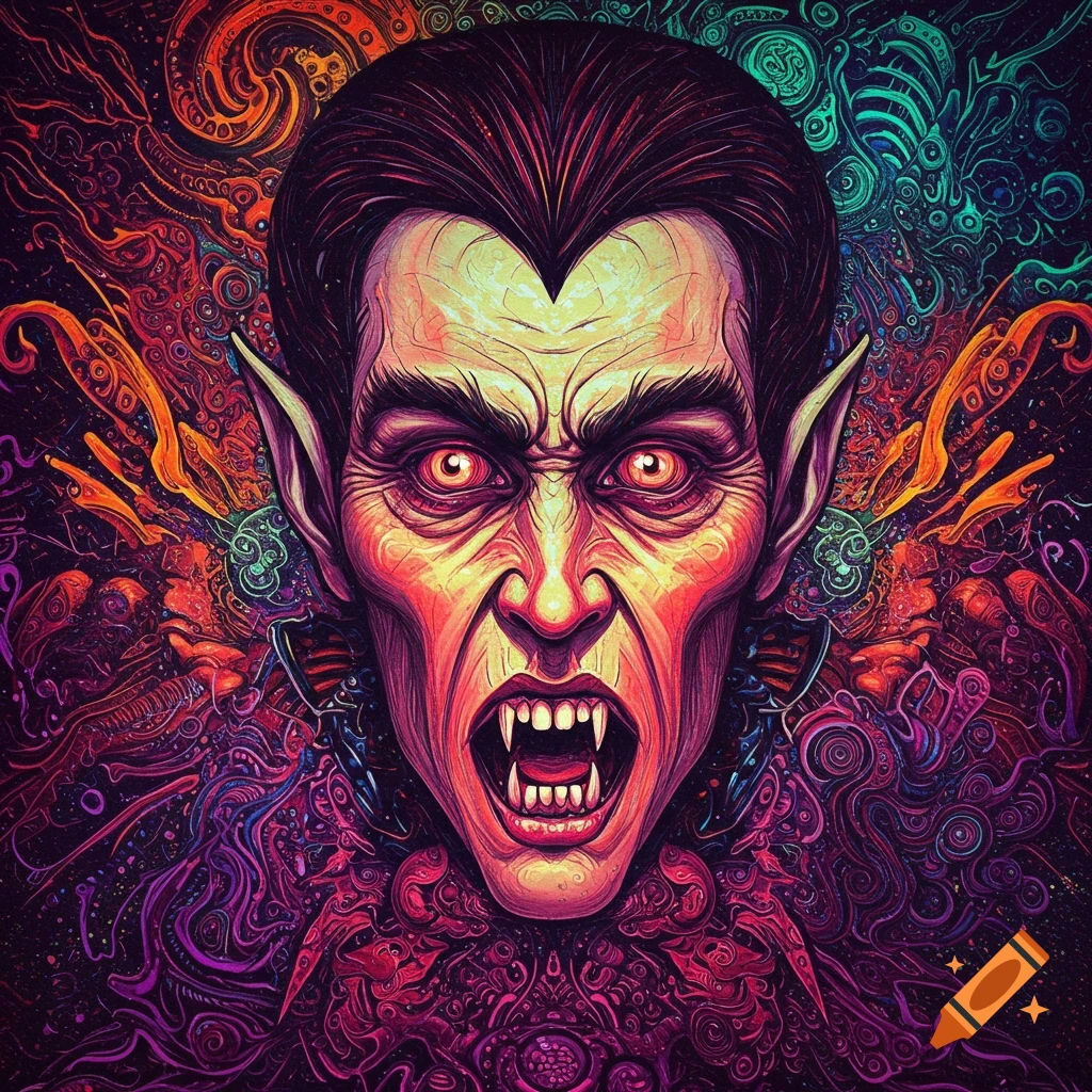Close-up of a vampire face with fangs against a swirling, colorful psychedelic background.