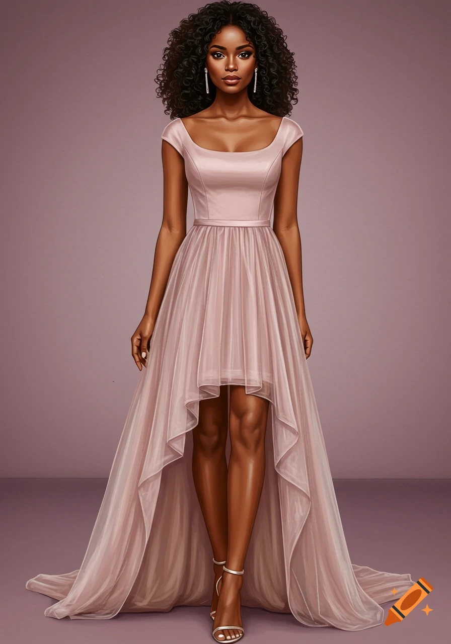 A young woman with curly dark hair stands in a pink high-low dress with a full skirt and square neckline, wearing silver sandals.