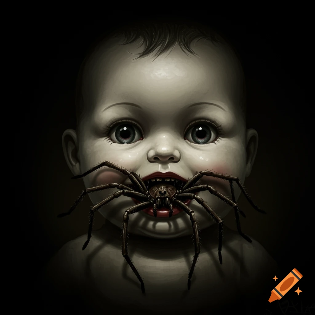 A creepy baby doll with a spider emerging from its mouth.