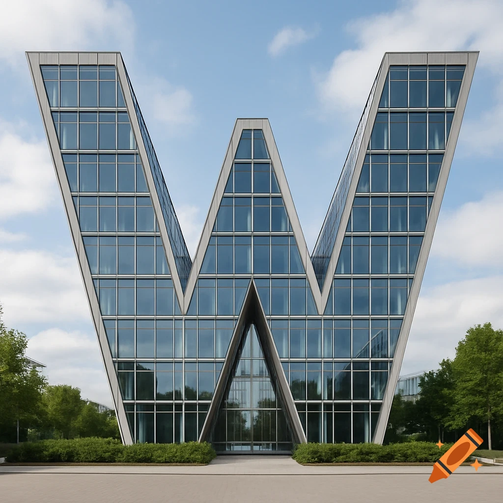 Photorealistic image of a modern building shaped like the letter W, with glass and concrete facade.