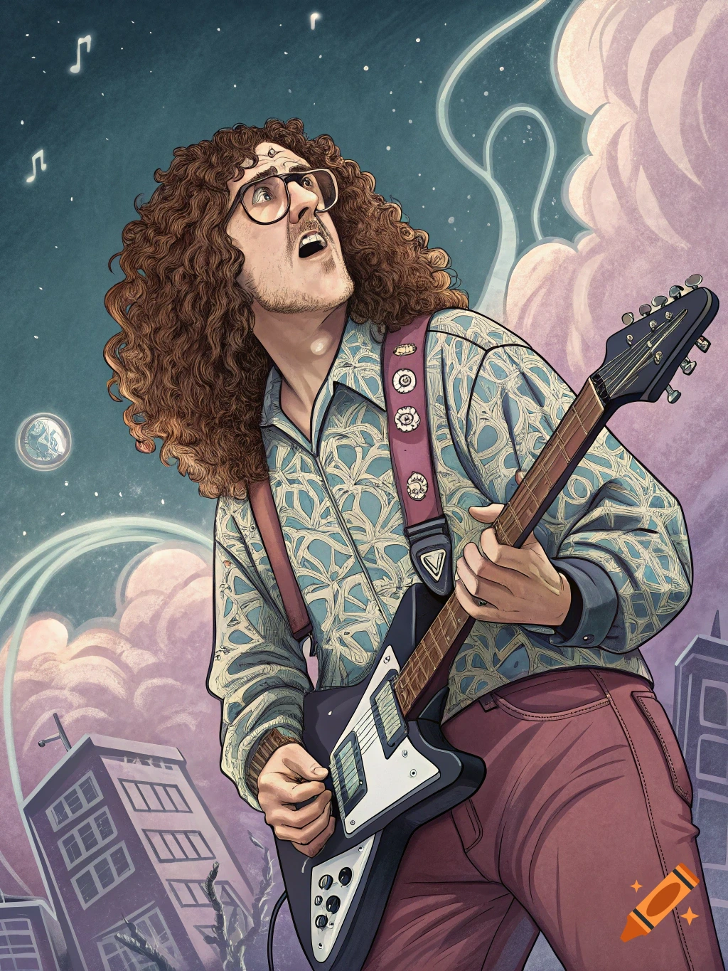 Stylized illustration of Weird Al playing guitar above a city.