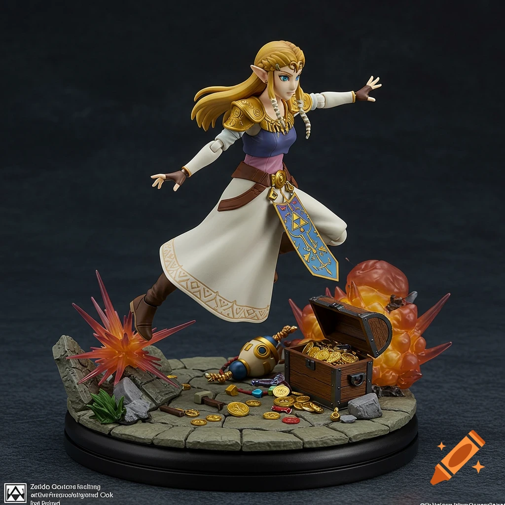 Action figure diorama of Princess Zelda jumping over a treasure chest with explosive effects.