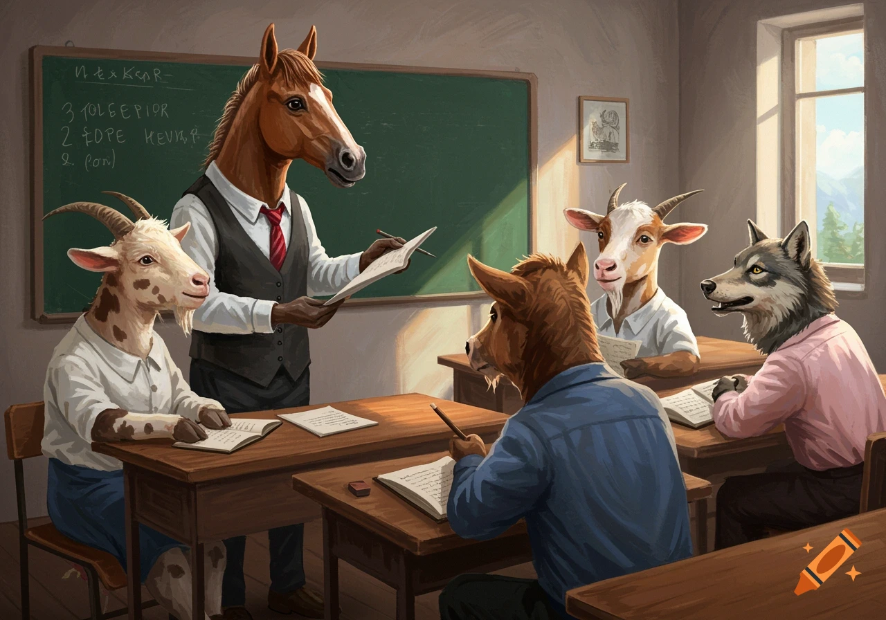 A horse teacher stands at a blackboard in a classroom, teaching animal students including goats, a wolf, and a bull/donkey.
