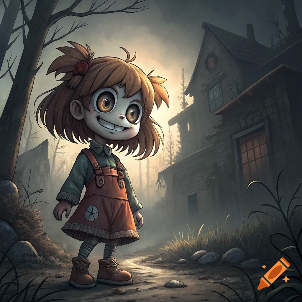 Wide-eyed, creepy anime-style girl in overalls on a path near a haunted house in a spooky forest illustration.