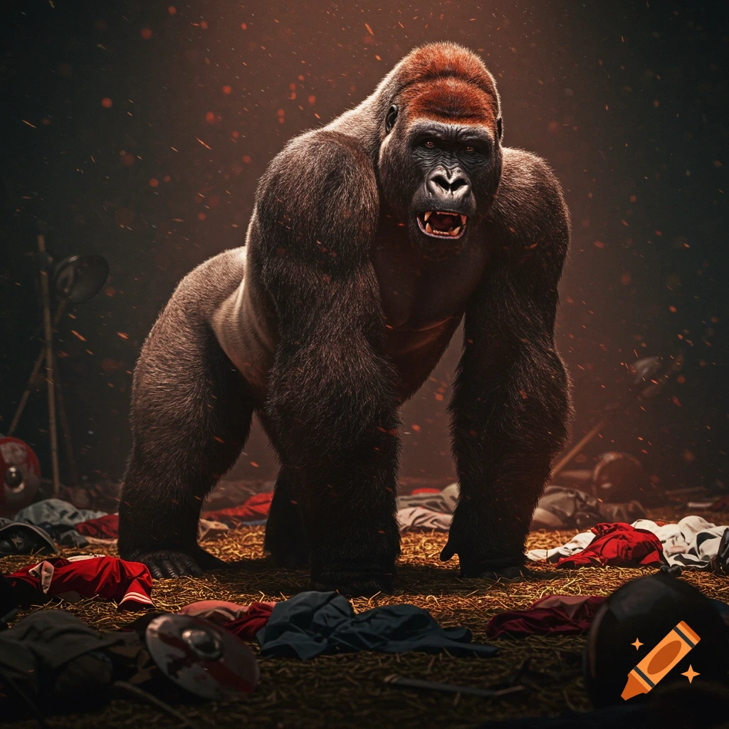 A large gorilla stands in an aggressive stance amongst scattered clothing and equipment in a dusty, dramatic setting.