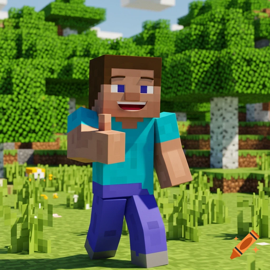 Steve Perry Minecraft Minecraft Steve gives a thumbs up in a blocky landscape. on Craiyon