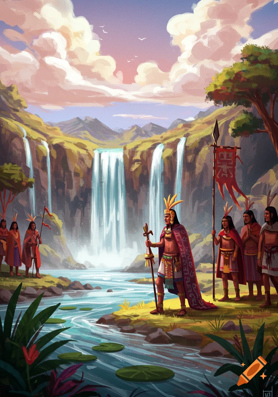 Leader and followers stand by a river and waterfalls in an illustration style.