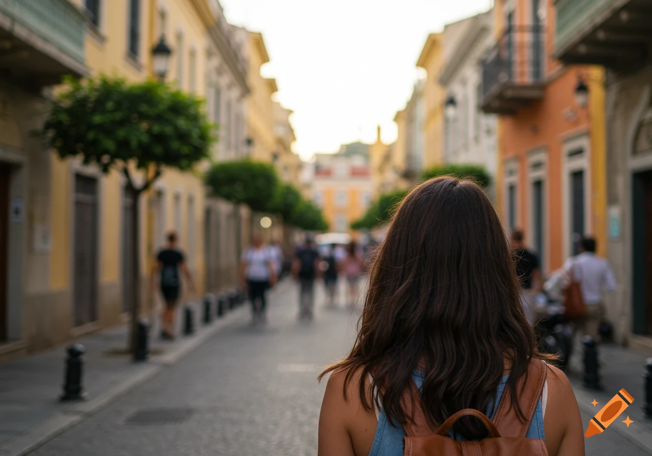Person with a backpack walking down a street in a European city.