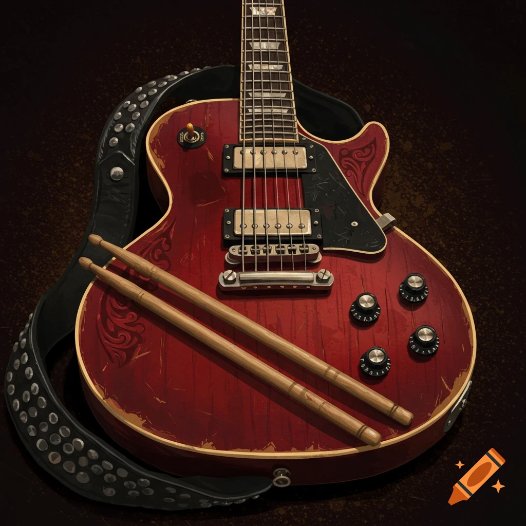 A red electric guitar with drumsticks and a studded strap.