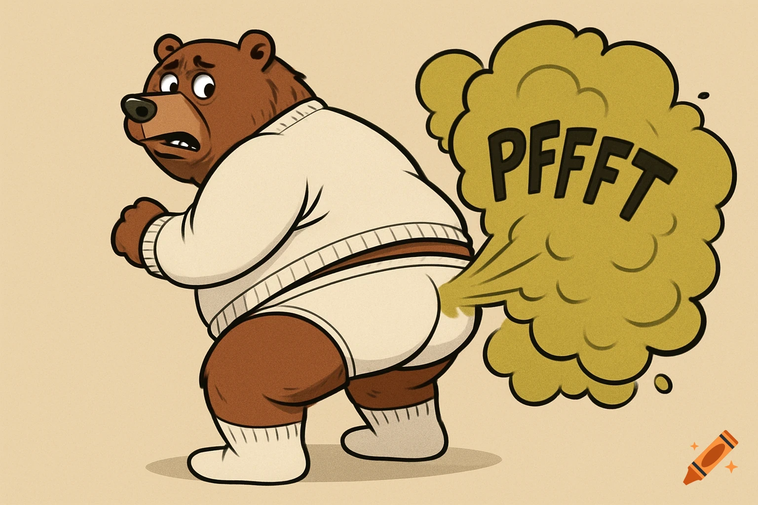 Cartoon bear in a sweater, briefs, and socks, farting with 'PFFFT' in the gas cloud.
