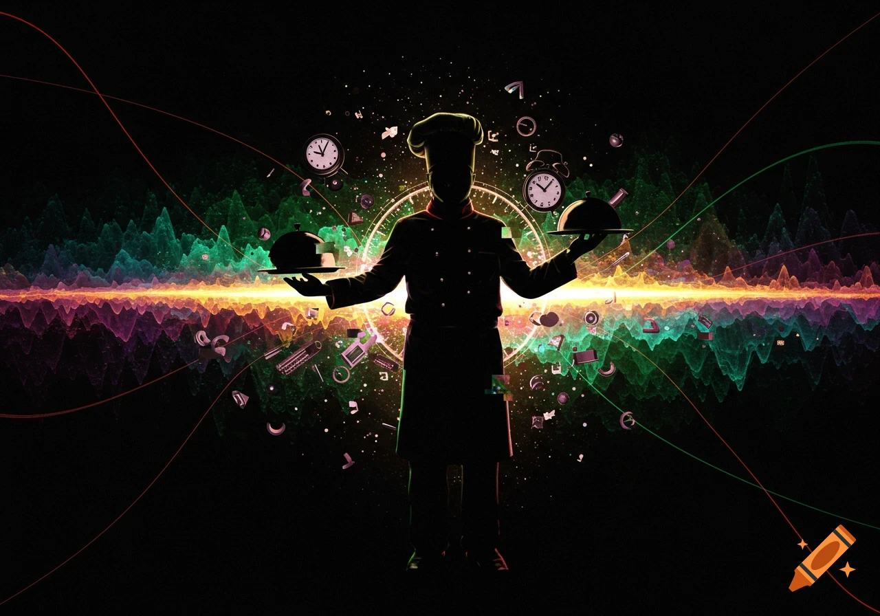 Silhouette chef with abstract digital art, clocks, and light waves on black background.
