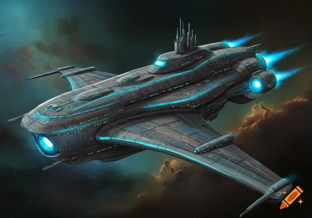 Detailed spaceship resembling a submarine with multiple hulls flying through space.