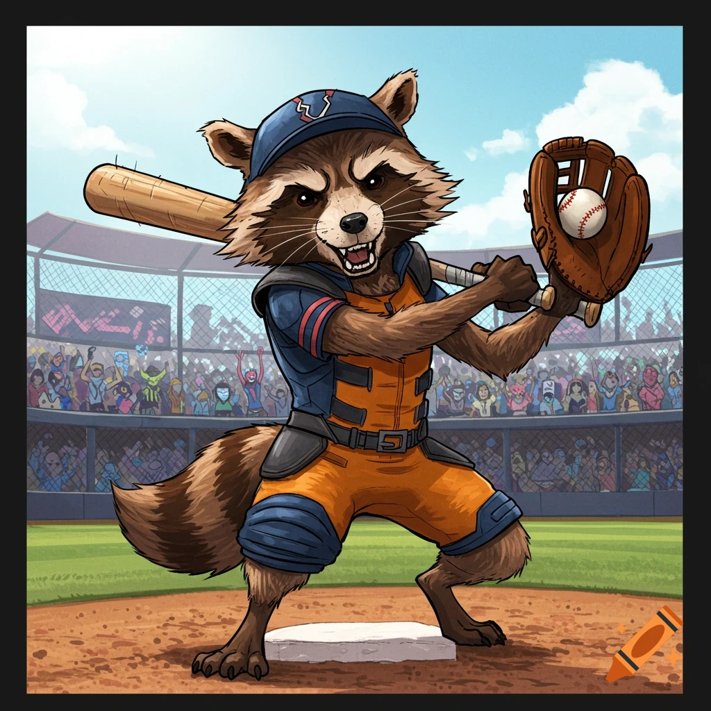 Cartoon illustration of Rocket Raccoon from Guardians of the Galaxy playing baseball in a stadium.