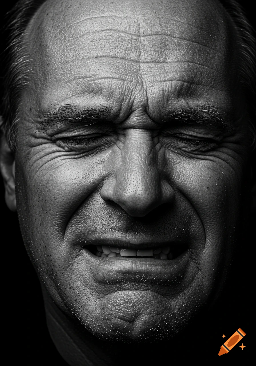 A black and white photo-realistic close-up portrait of a person's face wincing in pain.