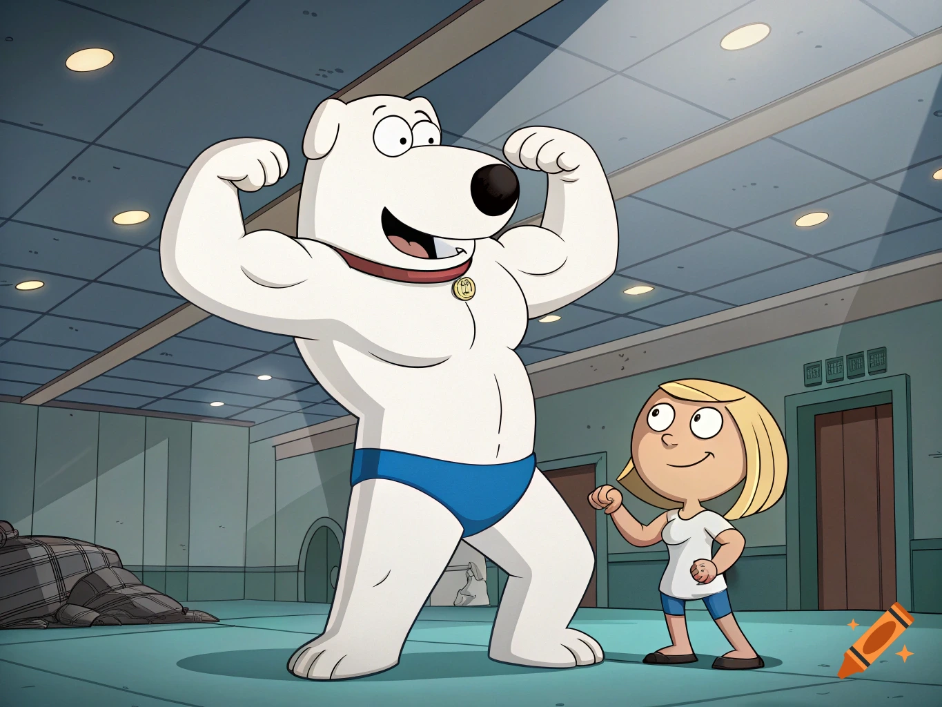 Family Guy character Brian the dog, flexing muscles in a blue speedo, next to a girl in a cartoon style.