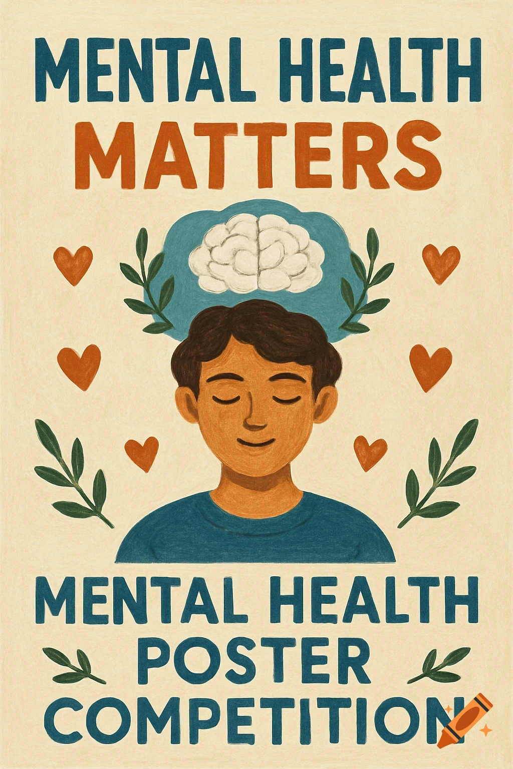 Illustration of a mental health poster with text, person, brain, hearts, and leaves.