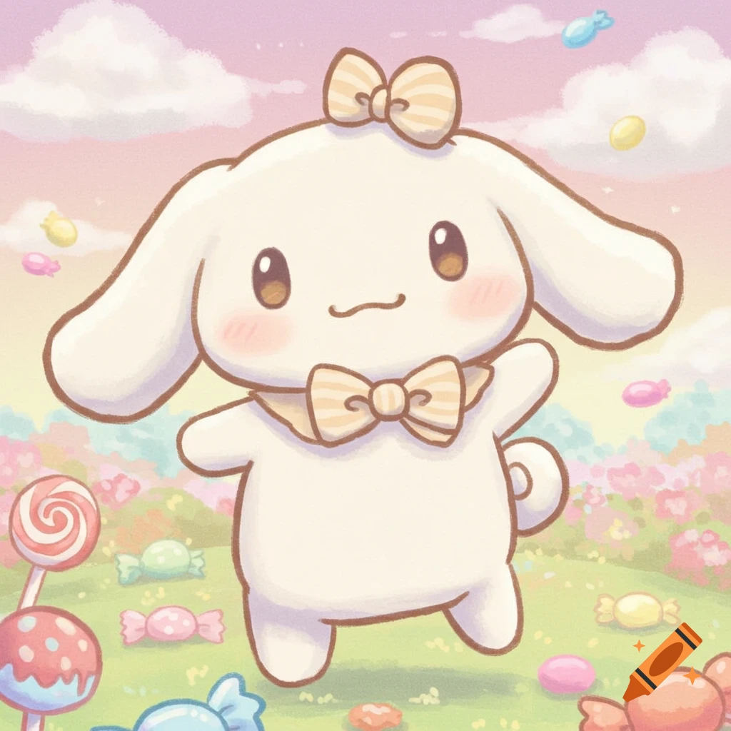 A cute white cartoon dog character with a bow tie and bow stands in a pastel field with candy.