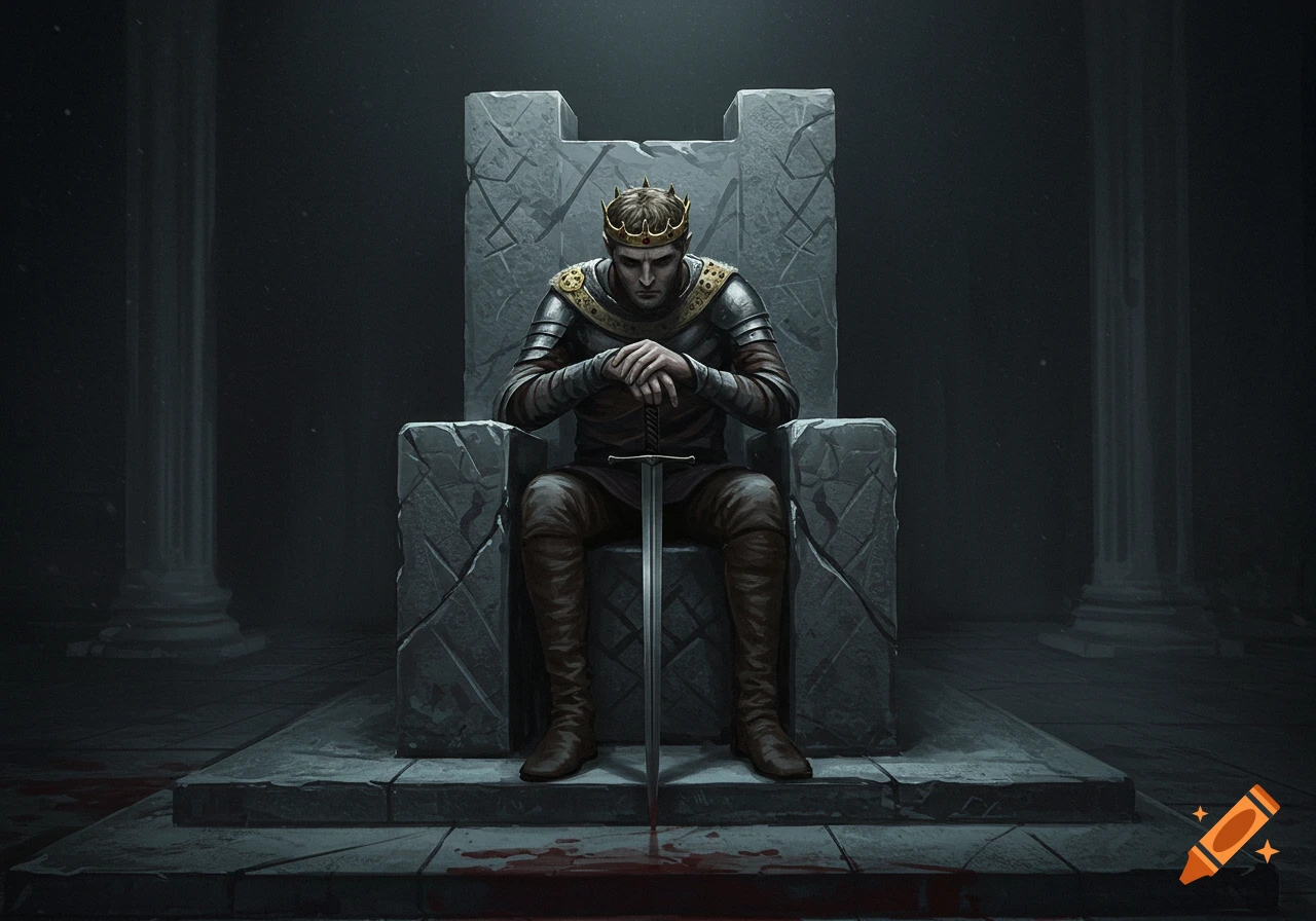A man in armor and a crown sits on a stone throne, holding a sword in a dark, dramatic room with bloodstains.
