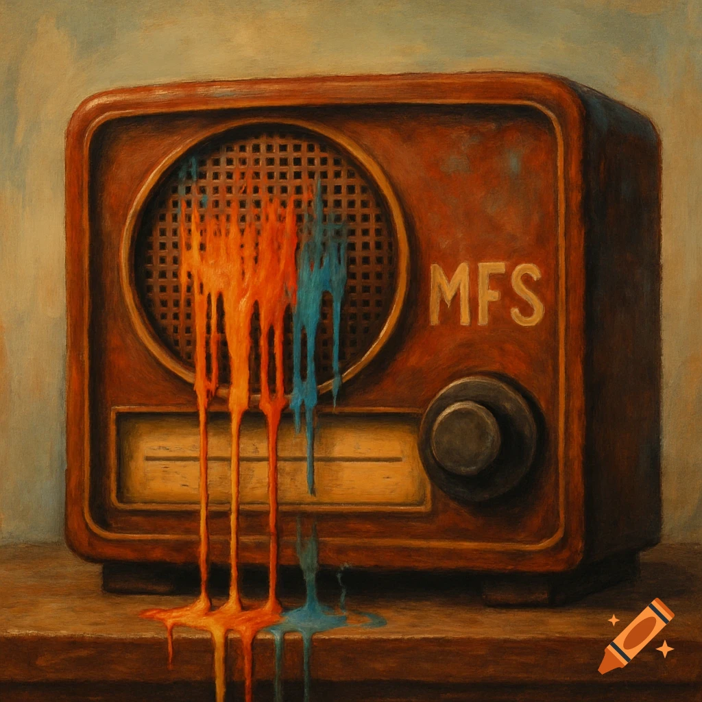 A vintage radio with dripping orange and blue paint from the speaker, with the letters MFS on the side, painted style.