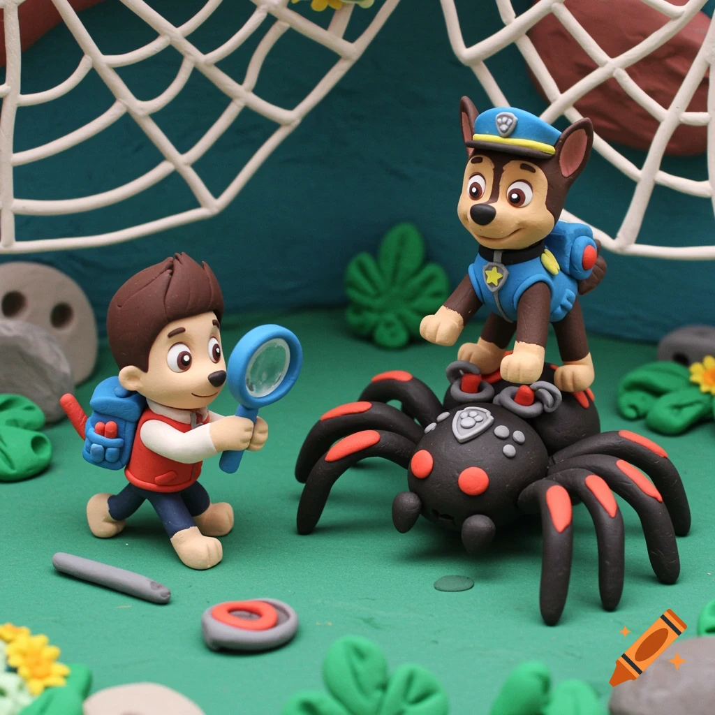 Clay model of Ryder and Chase from Paw Patrol with a magnifying glass looking at a spider in a diorama with a spider web.