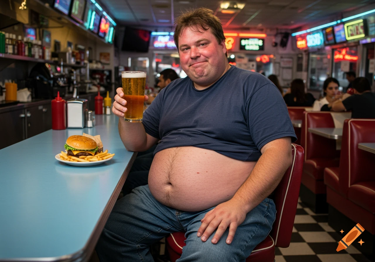 Man with a beer gut sits at a diner counter with a burger, fries, and beer.
