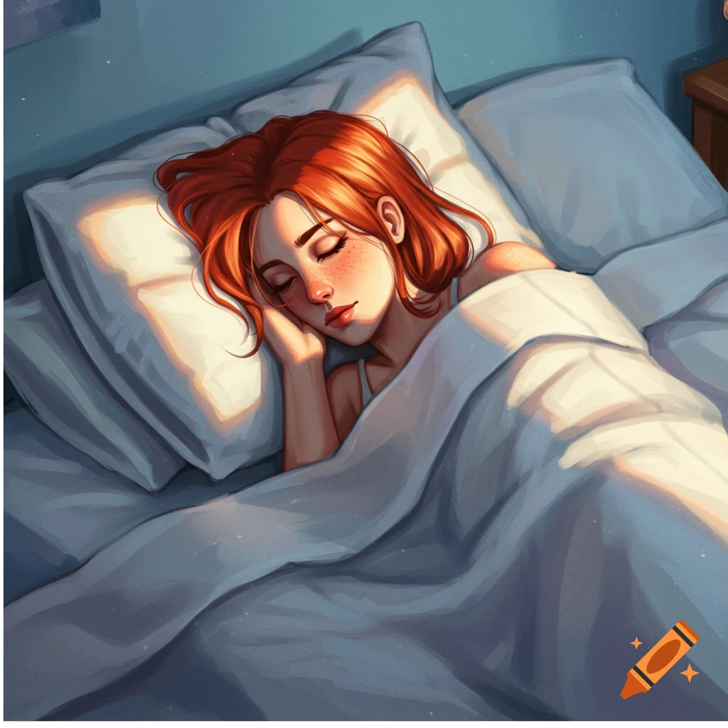 A young woman with red hair sleeps peacefully in a bed, lit by sunlight. Illustrated style.
