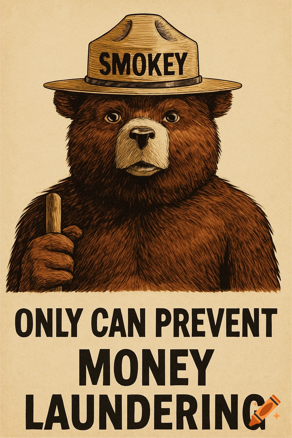 Illustration of a bear in a hat with the text 'Only can prevent Money Laundering'