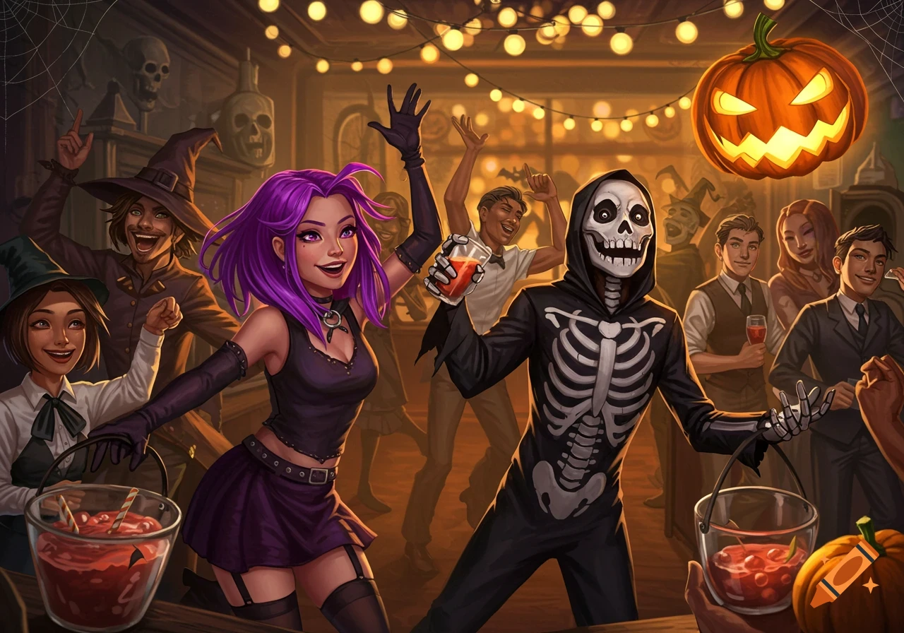 People in Halloween costumes dancing at a festive party.