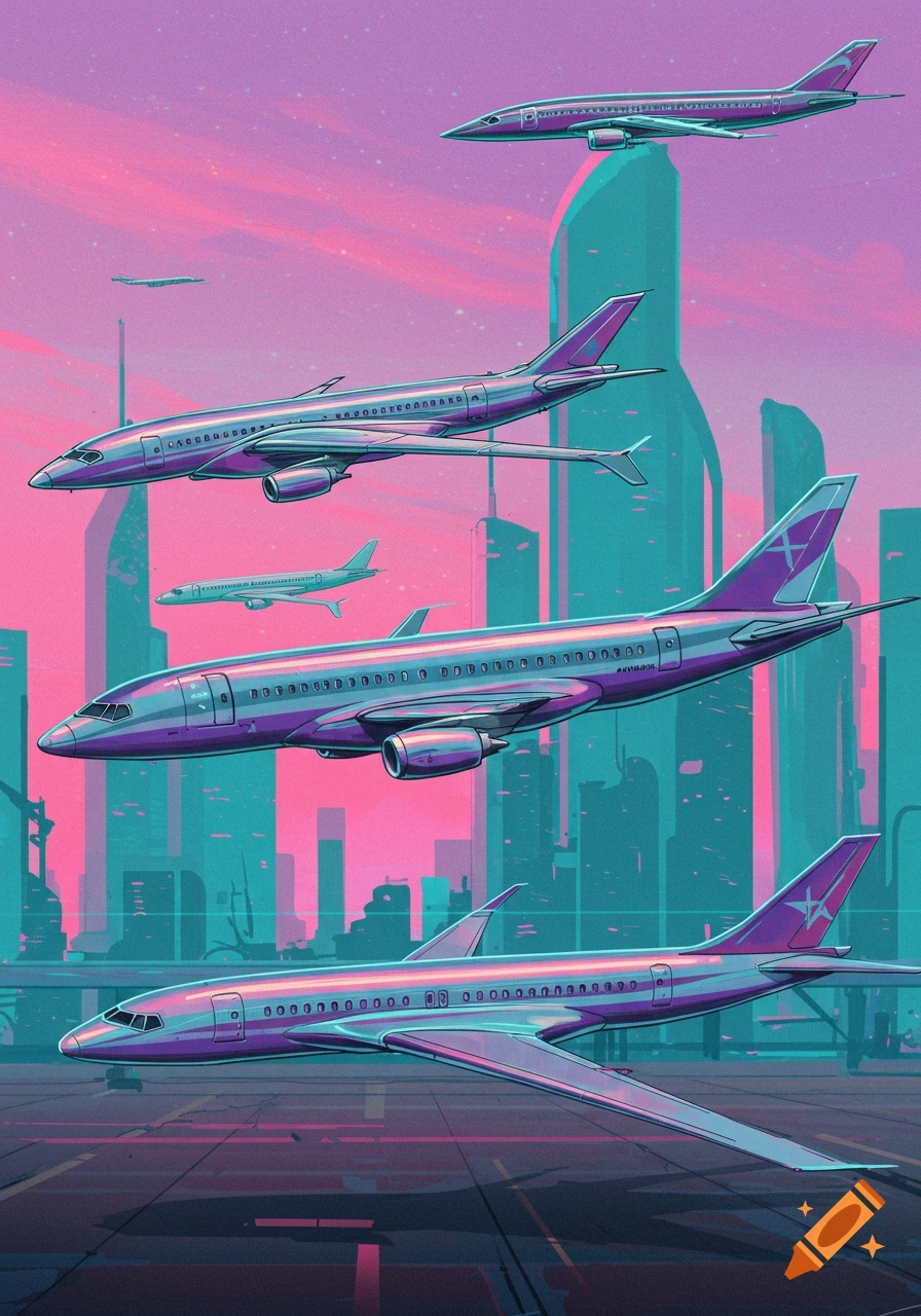 Futuristic metallic planes fly over a city skyline against a pink sky, stylized art.