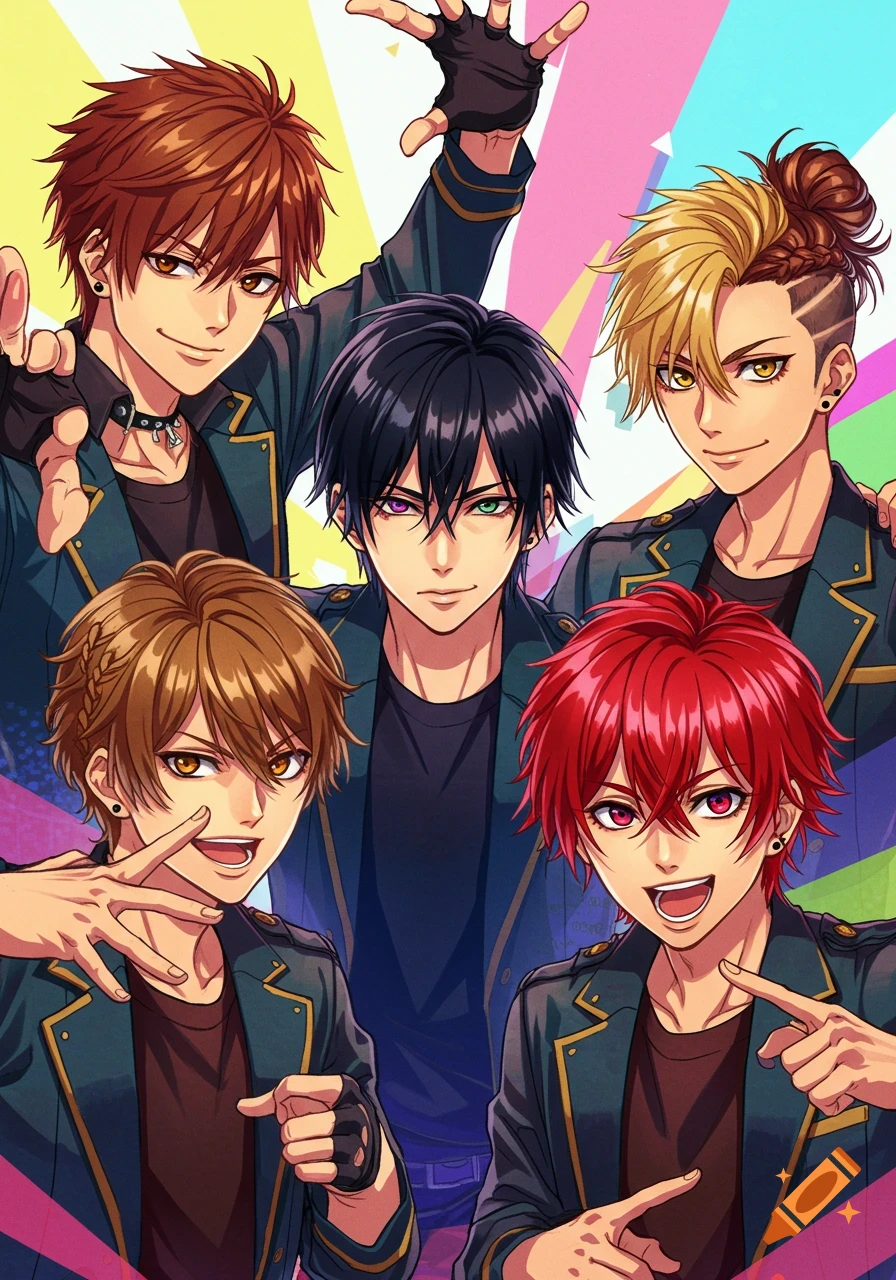 Anime illustration of five male j-pop group members with different hairstyles and colored eyes.