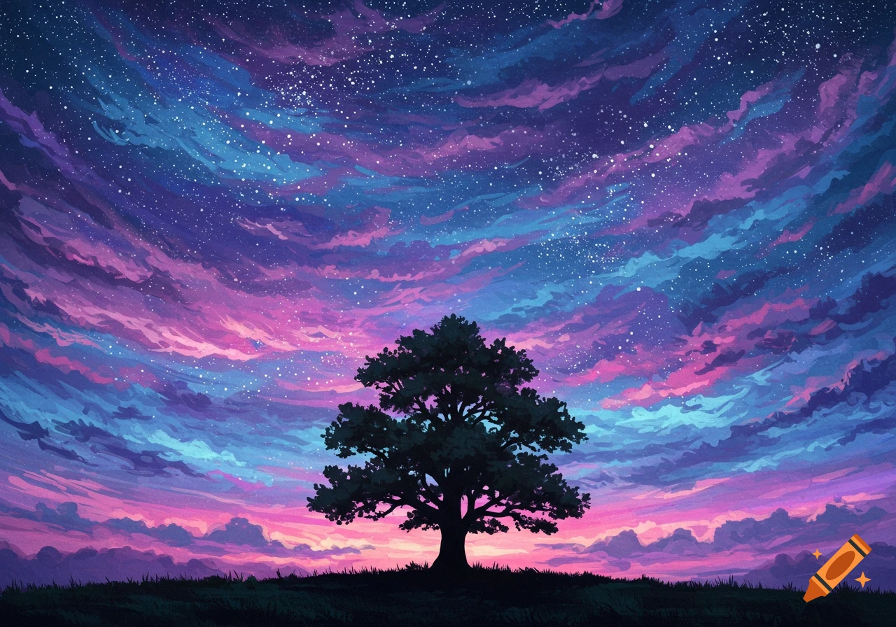Silhouette of a large tree under a vibrant starry sky with colorful clouds.